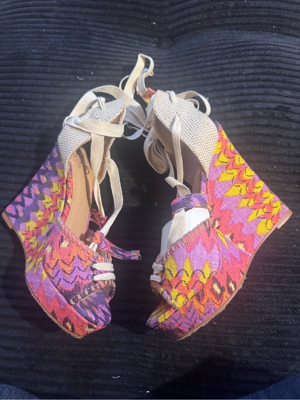Colin Stuart Pink Purple Yellow Patterned Wedge Sandals with Ankle Tie size 6.5